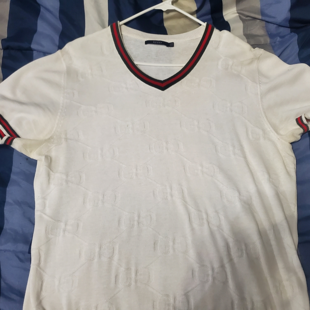 Large White Gucci Short Sleeve Sweater with Red and Black Trim.